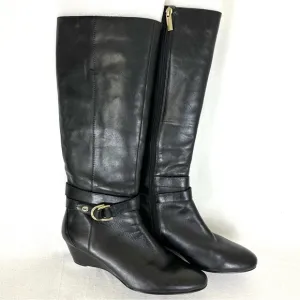 BANDOLINO Women’s Black Leather Riding Boots Wedge Heel Full Zip, Size 8