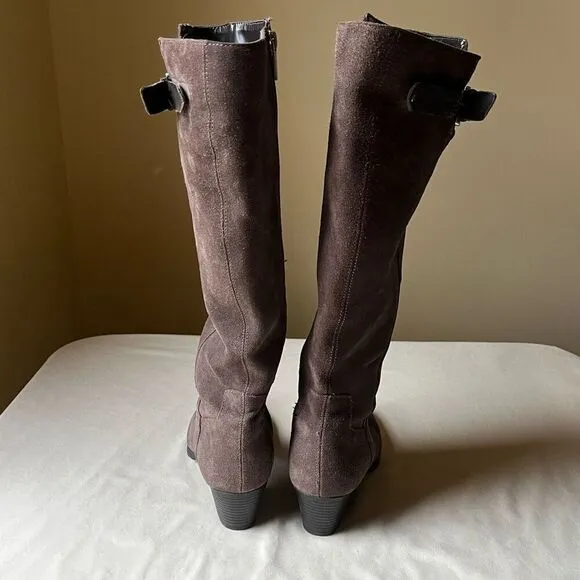 Bandolino Gray Suede Leather Riding Boots Knee High Buckle Round Toe Women's 7.5