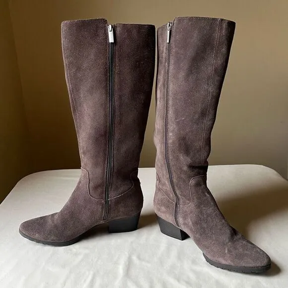 Bandolino Gray Suede Leather Riding Boots Knee High Buckle Round Toe Women's 7.5