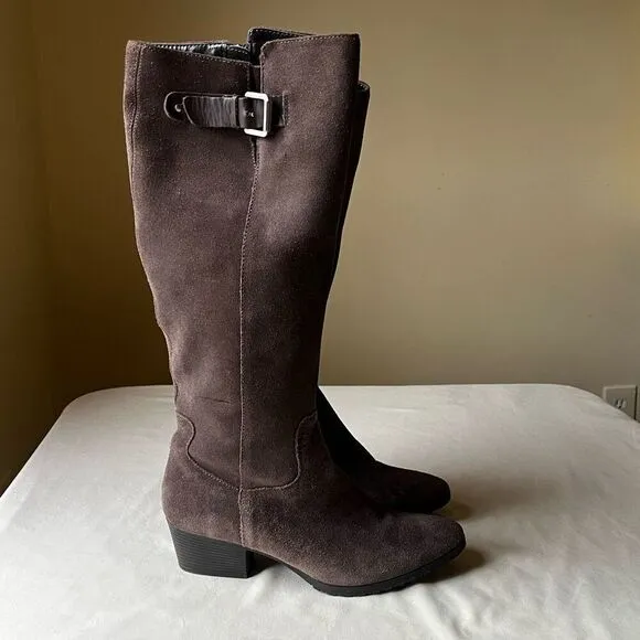 Bandolino Gray Suede Leather Riding Boots Knee High Buckle Round Toe Women's 7.5