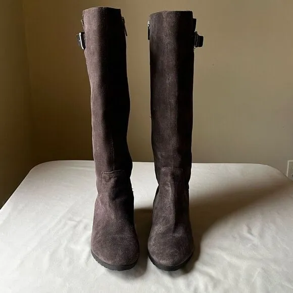 Bandolino Gray Suede Leather Riding Boots Knee High Buckle Round Toe Women's 7.5