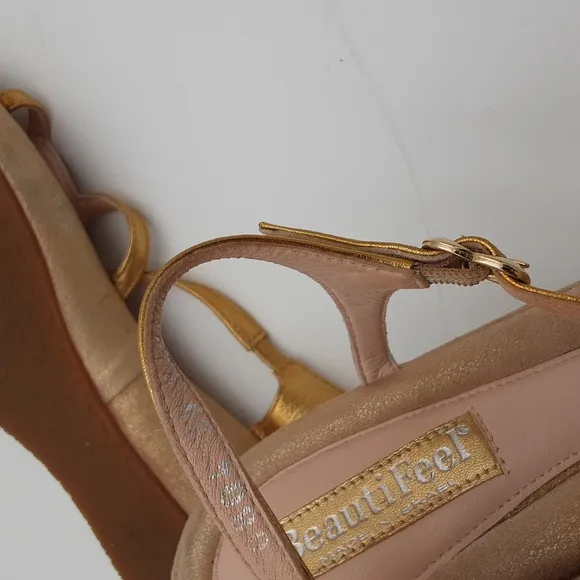 Beautifeel Gold Strappy Leather Sandals women 39 Casual vacation beach Y2K retro