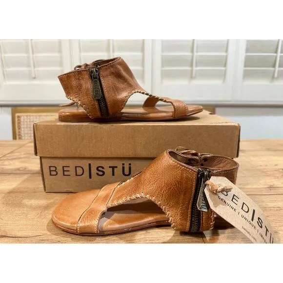 Bed I Stu Nina Flat Sandals Tan Smooth Leather Size 6.5 NIB Corset Style Lace Up