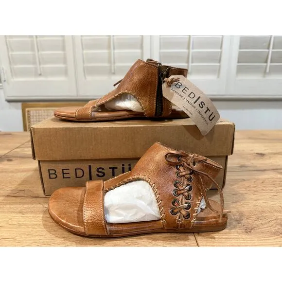 Bed I Stu Nina Flat Sandals Tan Smooth Leather Size 6.5 NIB Corset Style Lace Up