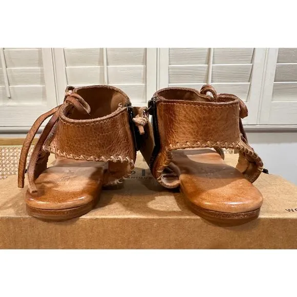 Bed I Stu Nina Flat Sandals Tan Smooth Leather Size 6.5 NIB Corset Style Lace Up