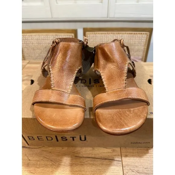 Bed I Stu Nina Flat Sandals Tan Smooth Leather Size 6.5 NIB Corset Style Lace Up