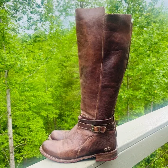 BED STU Bristol High Low Tall Leather Dark Brown Riding Boots Buckled Size 8