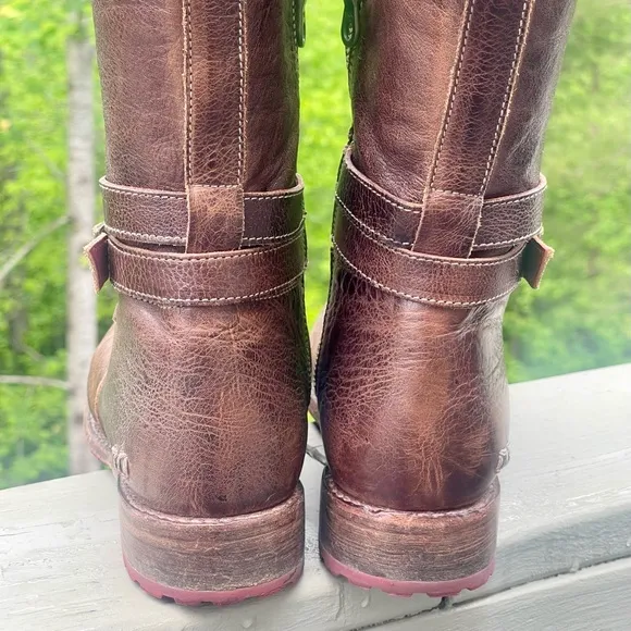BED STU Bristol High Low Tall Leather Dark Brown Riding Boots Buckled Size 8