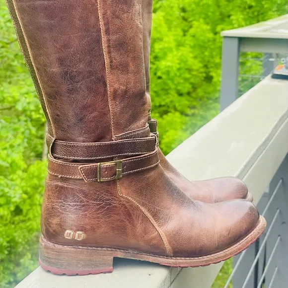 BED STU Bristol High Low Tall Leather Dark Brown Riding Boots Buckled Size 8