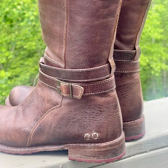 BED STU Bristol High Low Tall Leather Dark Brown Riding Boots Buckled Size 8