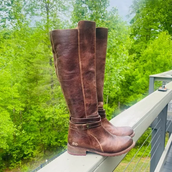 BED STU Bristol High Low Tall Leather Dark Brown Riding Boots Buckled Size 8