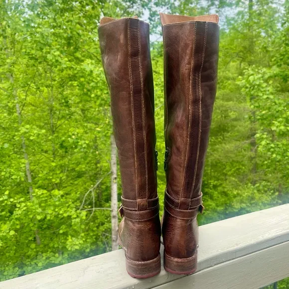 BED STU Bristol High Low Tall Leather Dark Brown Riding Boots Buckled Size 8
