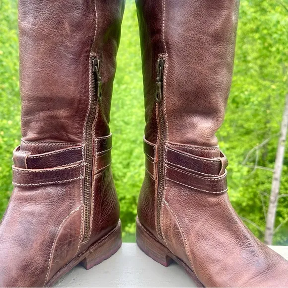 BED STU Bristol High Low Tall Leather Dark Brown Riding Boots Buckled Size 8