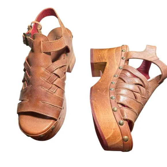 Bed Stu Rhonda Leather Platform Clog Open Toe Buckle Wooden Sandals NEW
