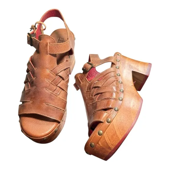 Bed Stu Rhonda Leather Platform Clog Open Toe Buckle Wooden Sandals NEW