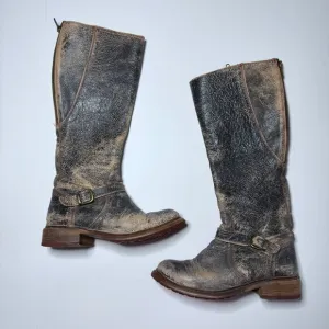 Bed Stu Womens Sz 8 Glaye Distressed Leather Mid Calf Riding Boots Zipper Rustic