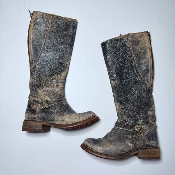 Bed Stu Womens Sz 8 Glaye Distressed Leather Mid Calf Riding Boots Zipper Rustic