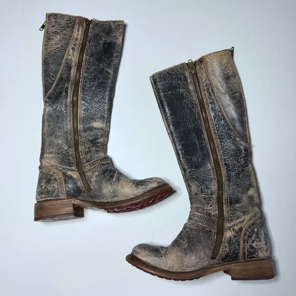Bed Stu Womens Sz 8 Glaye Distressed Leather Mid Calf Riding Boots Zipper Rustic
