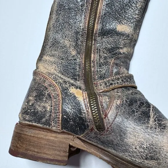 Bed Stu Womens Sz 8 Glaye Distressed Leather Mid Calf Riding Boots Zipper Rustic