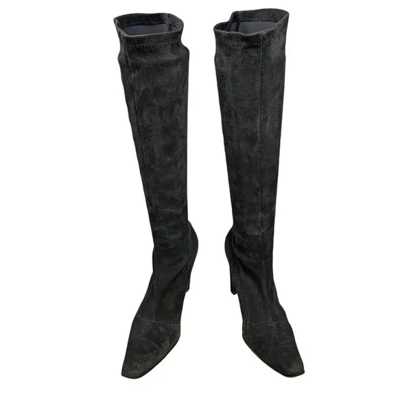 Bergdorf Goodman Black Suede Stretch Pull On Heeled Tall Boots‎