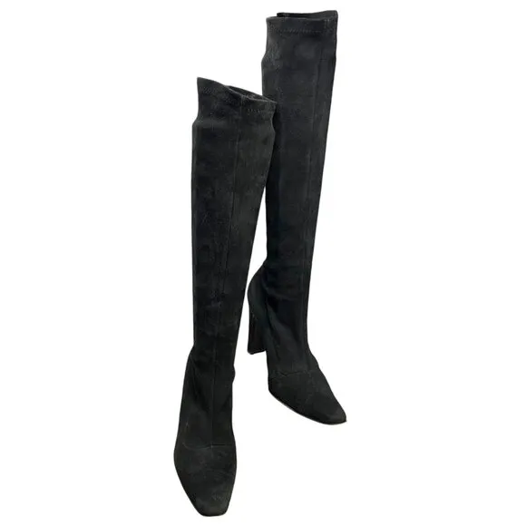 Bergdorf Goodman Black Suede Stretch Pull On Heeled Tall Boots‎