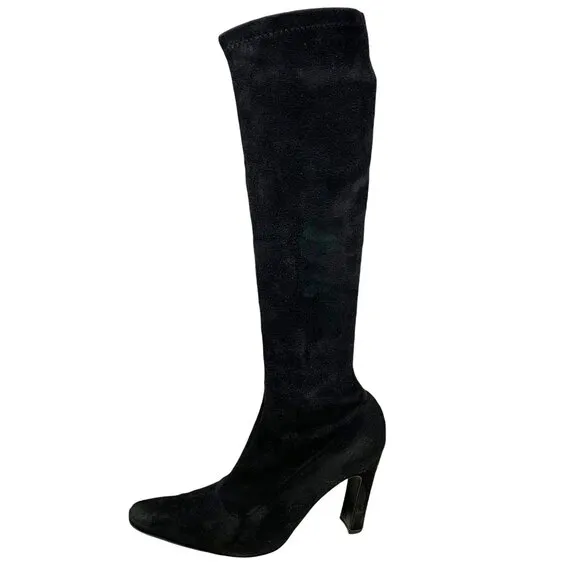 Bergdorf Goodman Black Suede Stretch Pull On Heeled Tall Boots‎