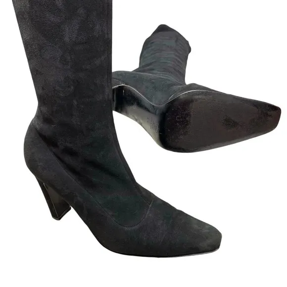 Bergdorf Goodman Black Suede Stretch Pull On Heeled Tall Boots‎