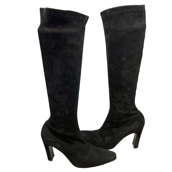 Bergdorf Goodman Black Suede Stretch Pull On Heeled Tall Boots‎