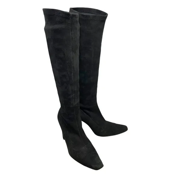 Bergdorf Goodman Black Suede Stretch Pull On Heeled Tall Boots‎