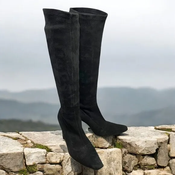 Bergdorf Goodman Black Suede Stretch Pull On Heeled Tall Boots‎