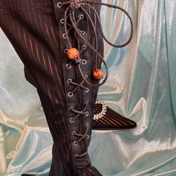 𝅺BESPOKE black heel stretch boots with rhinestone and Leather accents zipper
