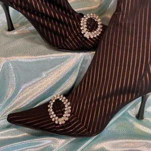 𝅺BESPOKE black heel stretch boots with rhinestone and Leather accents zipper