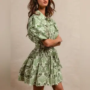 BiBi Floral Puffed  SS Mini Shirt Dress Elegant Green Jacquard Patterned Dress