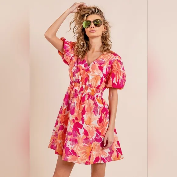 BiBi Floral V-Neck Puff Sleeve Mini Dress