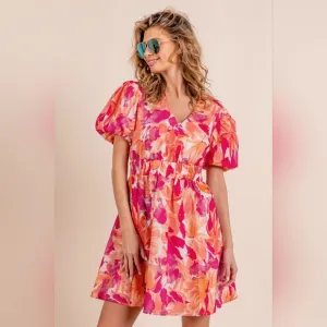 BiBi Floral V-Neck Puff Sleeve Mini Dress