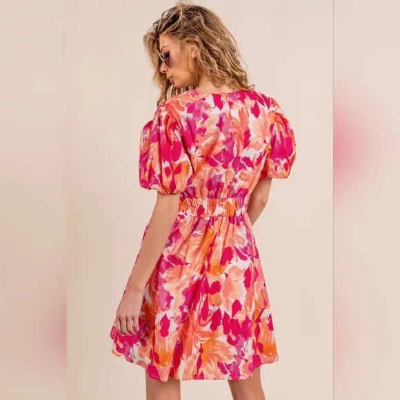 BiBi Floral V-Neck Puff Sleeve Mini Dress