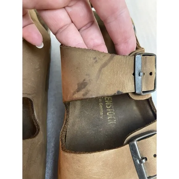 Birkenstock Brown Leather Flat Sandals Unisex Sz 43/10 Comfort Straps &amp; Buckles