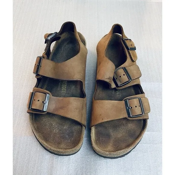 Birkenstock Brown Leather Flat Sandals Unisex Sz 43/10 Comfort Straps &amp; Buckles