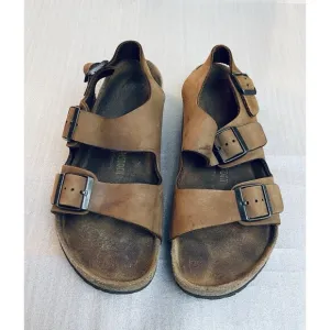 Birkenstock Brown Leather Flat Sandals Unisex Sz 43/10 Comfort Straps &amp; Buckles