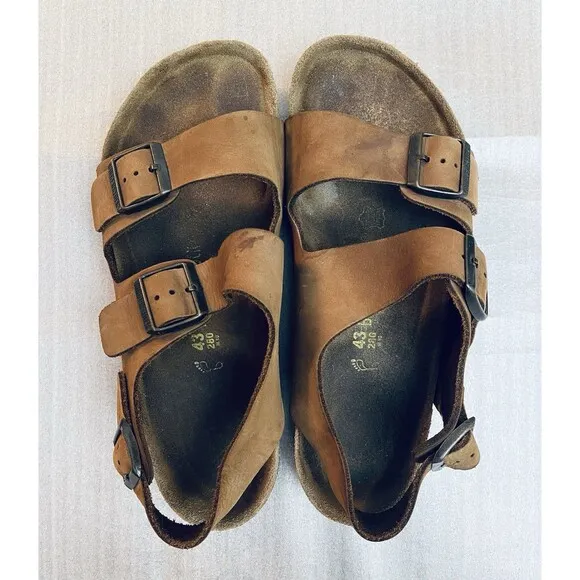 Birkenstock Brown Leather Flat Sandals Unisex Sz 43/10 Comfort Straps &amp; Buckles