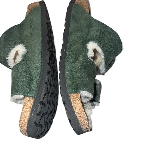 Birkenstock Suede Forest Green Bow Detail Sandals with Fluffy Lining Size 38