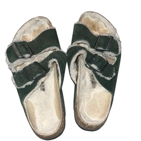 Birkenstock Suede Forest Green Bow Detail Sandals with Fluffy Lining Size 38