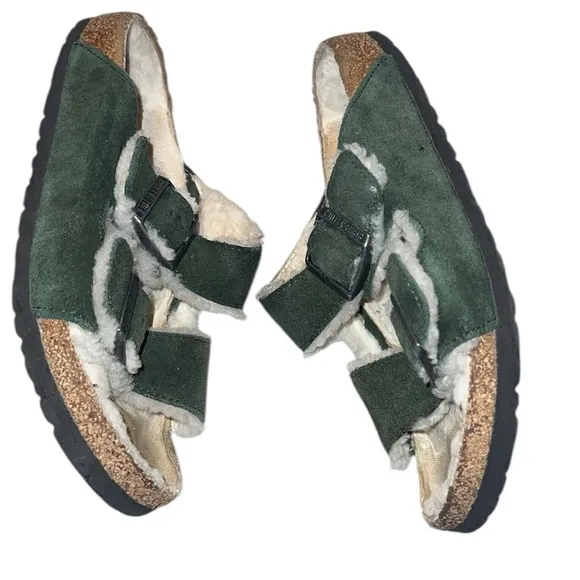 Birkenstock Suede Forest Green Bow Detail Sandals with Fluffy Lining Size 38