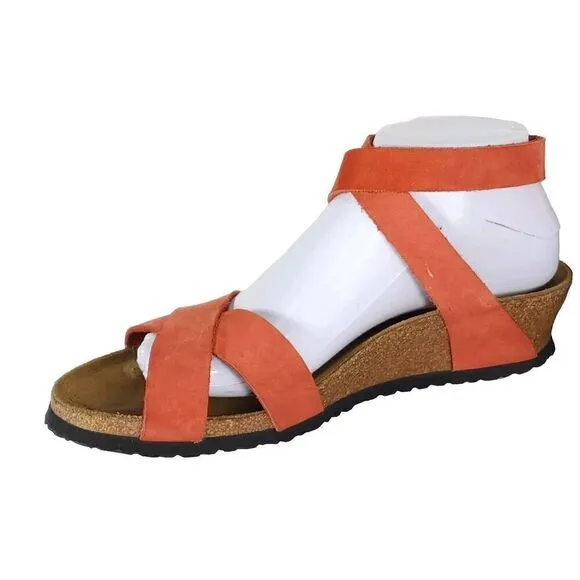 Birkenstock Women Lola US9 Corral Nubuck Leather Wedge Strappy Sandals