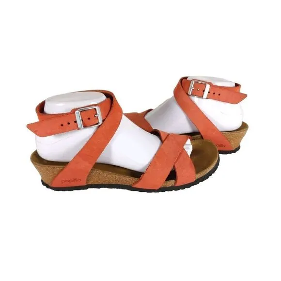 Birkenstock Women Lola US9 Corral Nubuck Leather Wedge Strappy Sandals