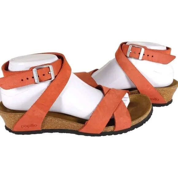 Birkenstock Women Lola US9 Corral Nubuck Leather Wedge Strappy Sandals