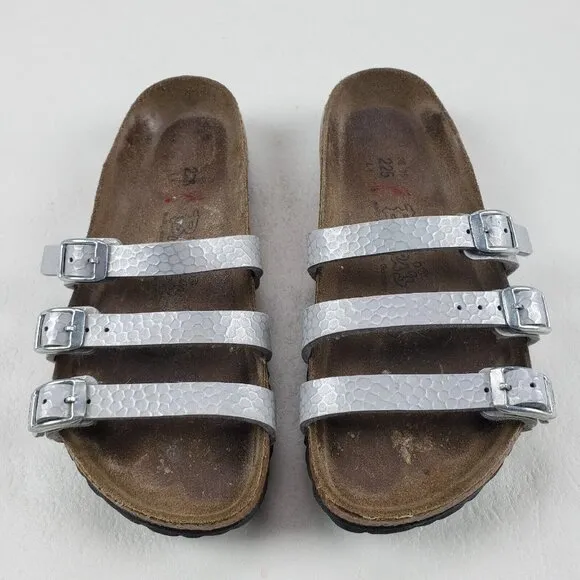 Birkis Birkenstock Metallic Sandals Silver Womens 4-4.5 35 Leather Strappy Slide