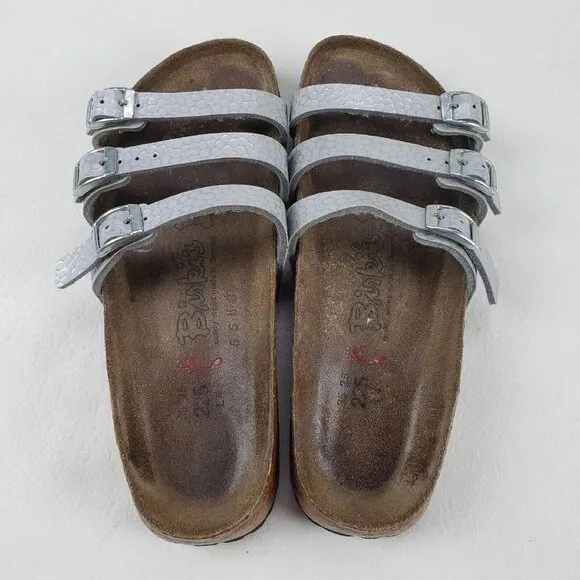 Birkis Birkenstock Metallic Sandals Silver Womens 4-4.5 35 Leather Strappy Slide