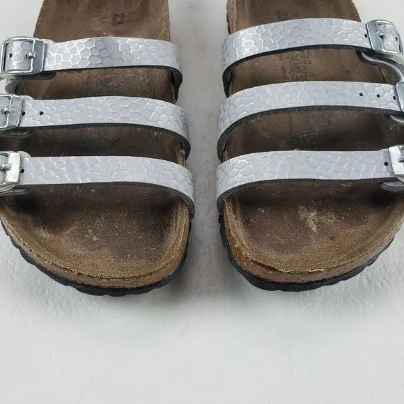 Birkis Birkenstock Metallic Sandals Silver Womens 4-4.5 35 Leather Strappy Slide