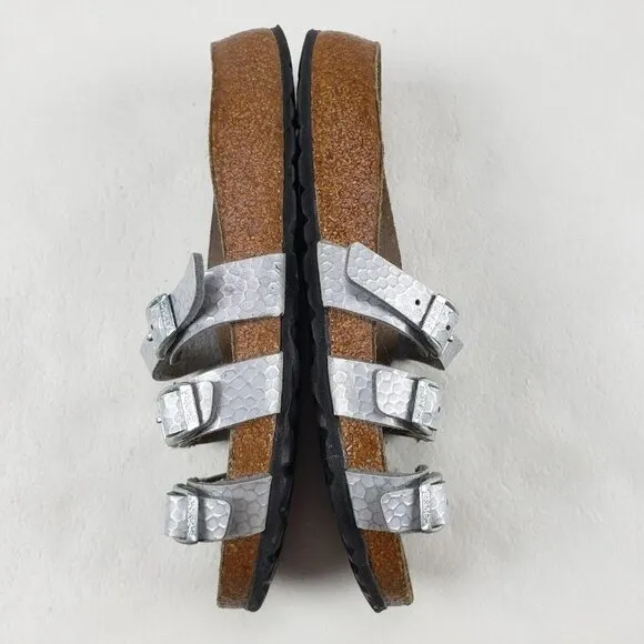 Birkis Birkenstock Metallic Sandals Silver Womens 4-4.5 35 Leather Strappy Slide